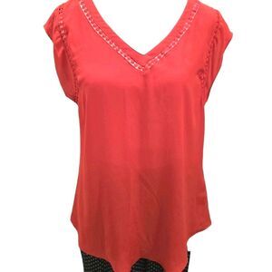 41 Hawthorn Red Blouse Top Medium‎ Crochet Trim V Neck Career Boho Womens